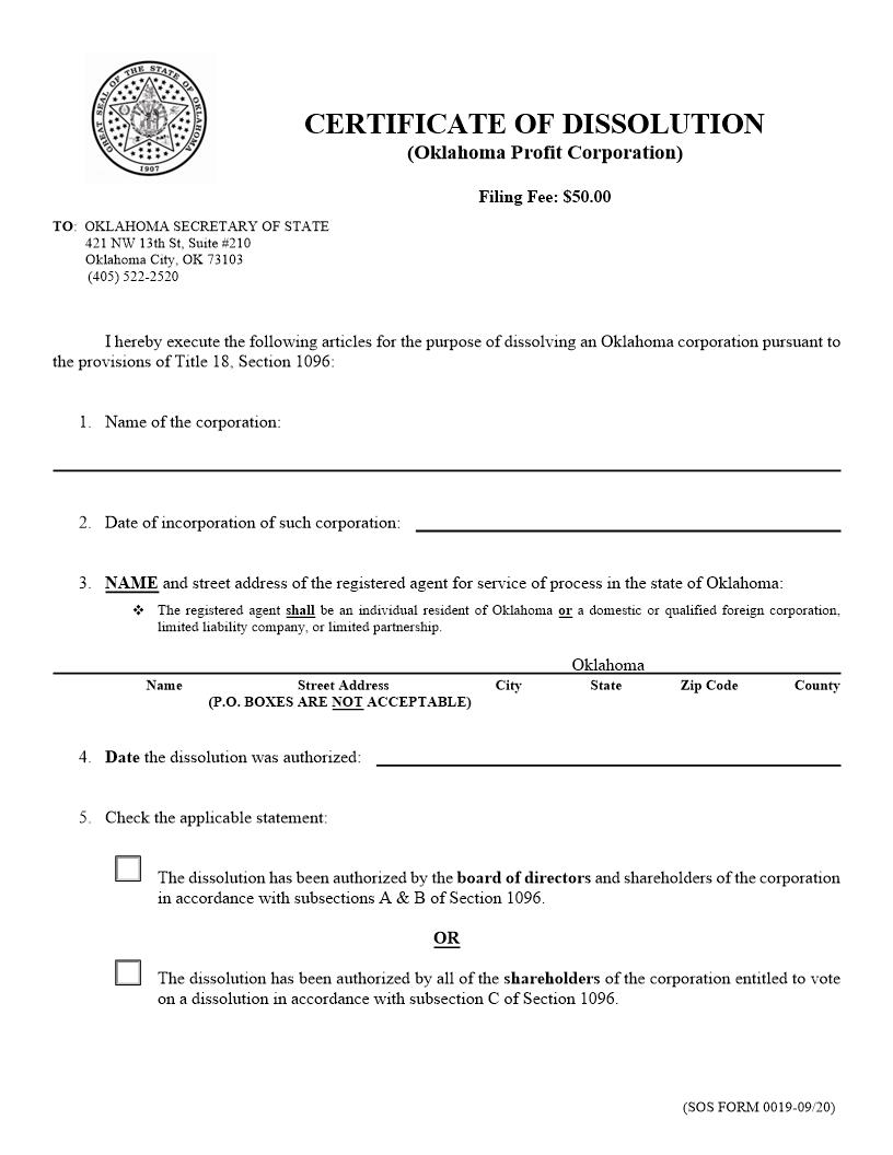 Certificate Of Dissolution {0019} | Pdf Fpdf Doc Docx | Oklahoma