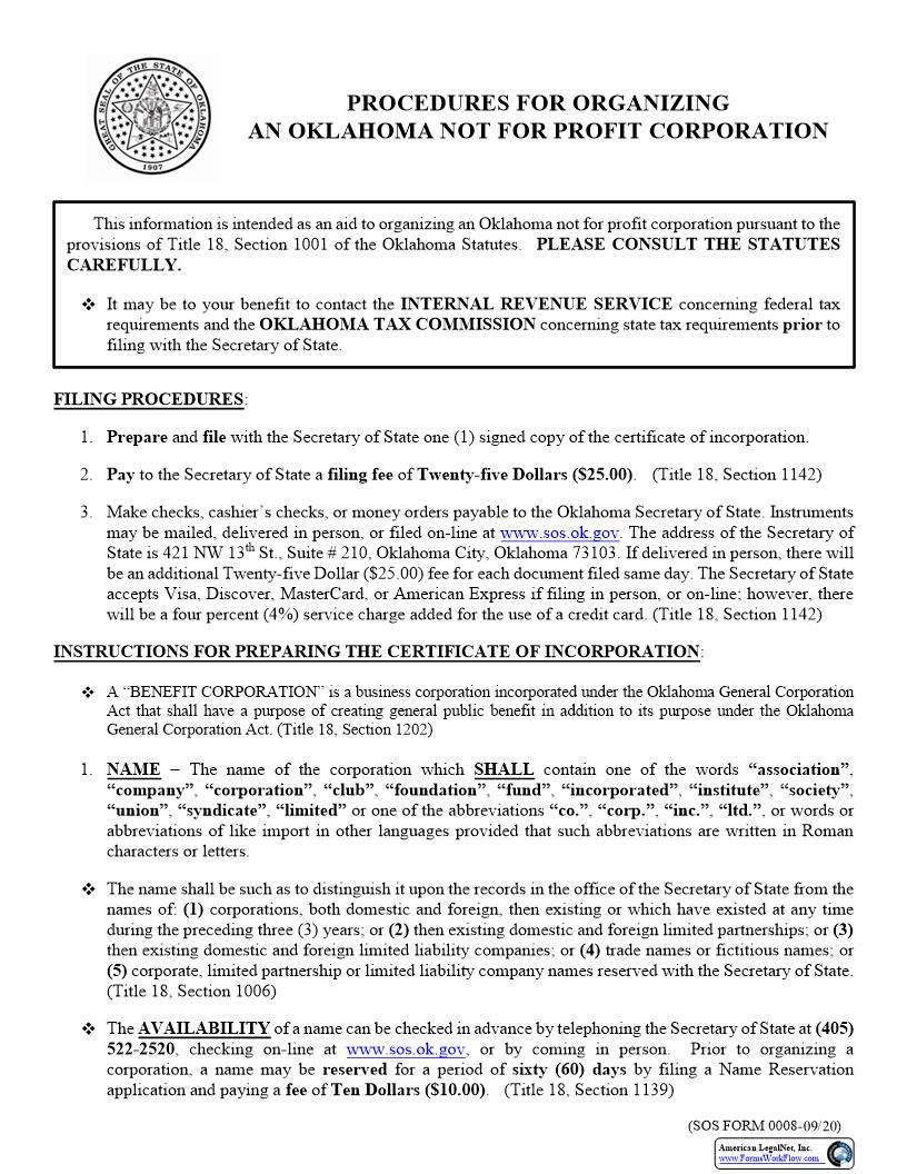 Certificate Of Incorporation Not For Profit {0008} | Pdf Fpdf Docx | Oklahoma