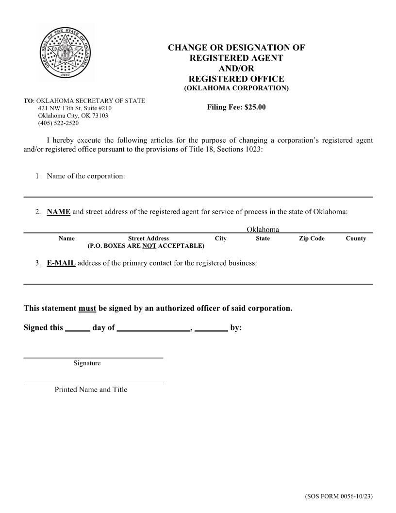 Change Or Designation Of Registered Agent And Or Registered Office {0056} | Pdf Fpdf Doc Docx | Oklahoma