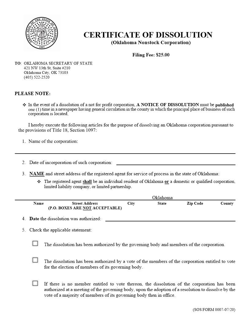 Nonstock Certificate Of Dissolution {0007} | Pdf Fpdf Doc Docx | Oklahoma