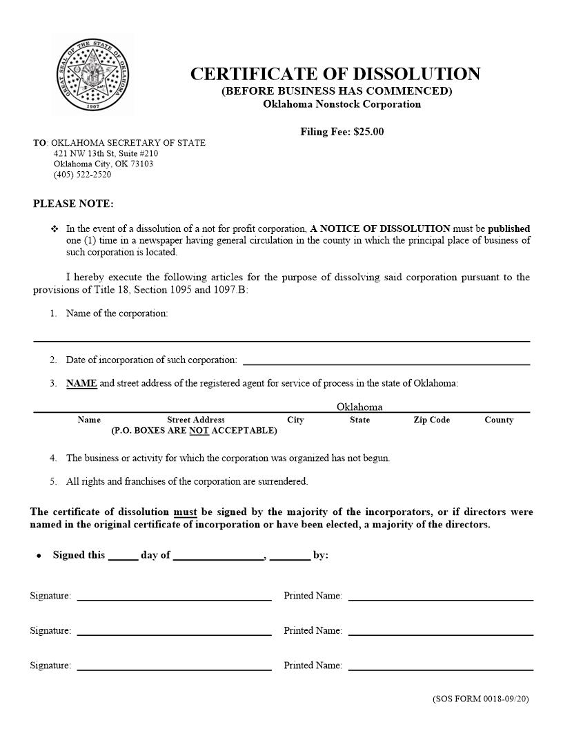 Nonstock Certificate Of Dissolution Before Business Has Commenced {0018} | Pdf Fpdf Doc Docx | Oklahoma