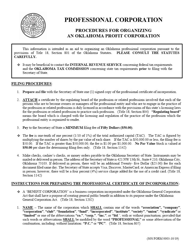 Professional Certificate Of Incorporation {0003} | Pdf Fpdf Doc Docx | Oklahoma