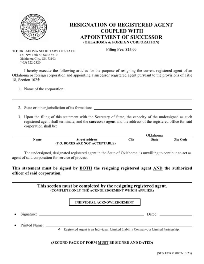 Resignation Of Registered Agent Coupled With Appointment Of Successor {0057} | Pdf Fpdf Doc Docx | Oklahoma