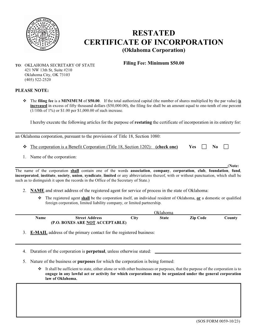 Restated Certificate Of Incorporation {0059} | Pdf Fpdf Doc Docx | Oklahoma