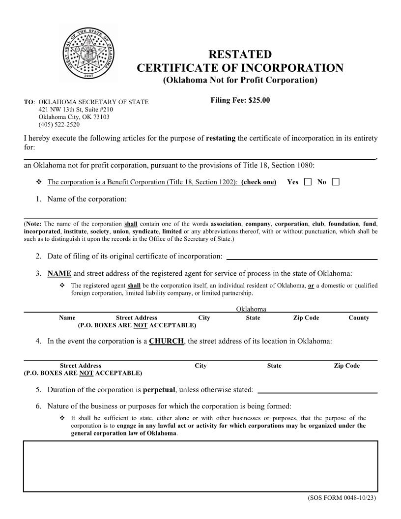 Restated Certificate Of Incorporation Not For Profit {0048} | Pdf Fpdf Doc Docx | Oklahoma