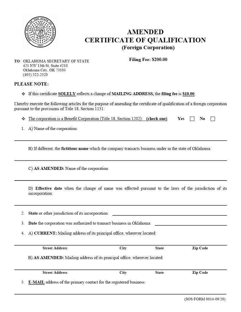 Amended Certificate Of Qualification {0014} | Pdf Fpdf Doc Docx | Oklahoma