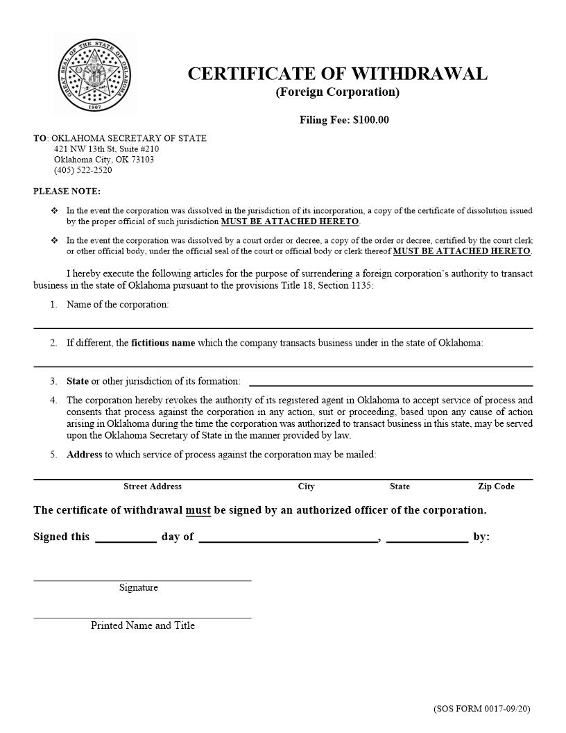 Certificate Of Withdrawal {0017} | Pdf Fpdf Doc Docx | Oklahoma