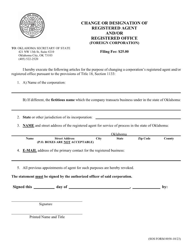 Change Or Designation Of Resident Agent And Or Office {0058} | Pdf Fpdf Doc Docx | Oklahoma