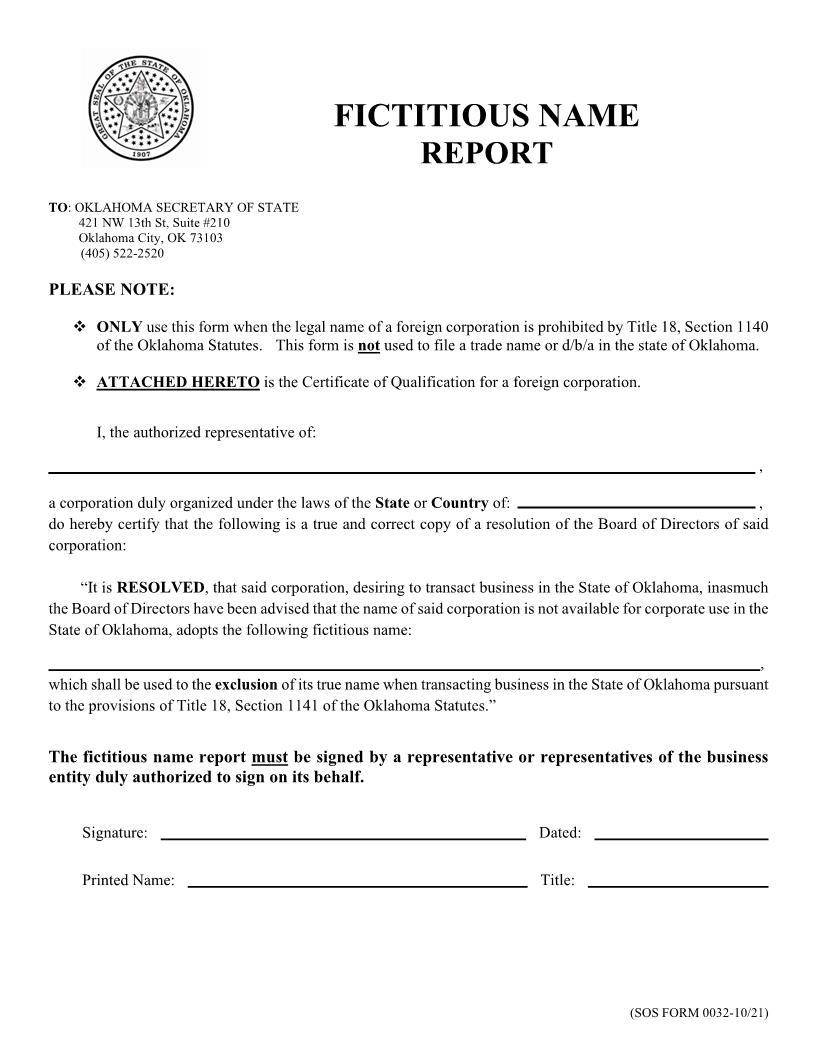 Fictitious Name Report {0032} | Pdf Fpdf Doc Docx | Oklahoma