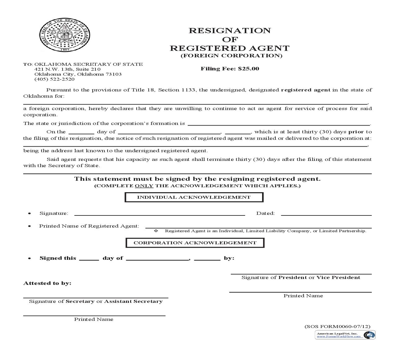 Resignation Of Registered Agent Foreign Corporation {0060} | Pdf Fpdf Doc Docx | Oklahoma