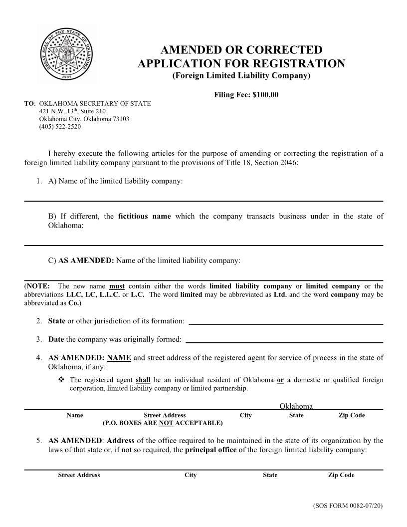 Amended Or Corrected Application For Registration {0082} | Pdf Fpdf Doc Docx | Oklahoma