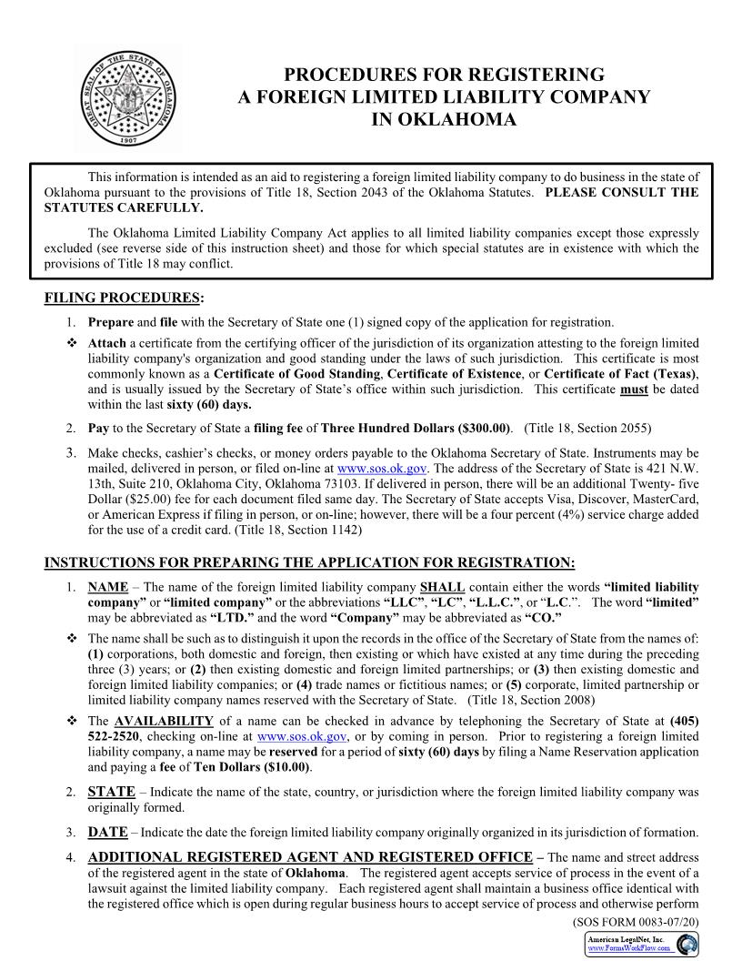 Application For Registration Foreign Limited Liability Company {0083} | Pdf Fpdf Docx | Oklahoma