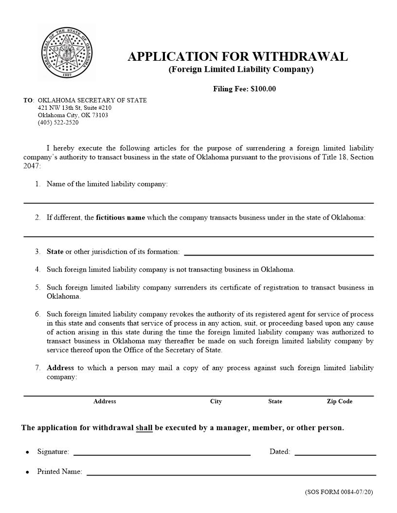 Application For Withdrawal {0084} | Pdf Fpdf Doc Docx | Oklahoma