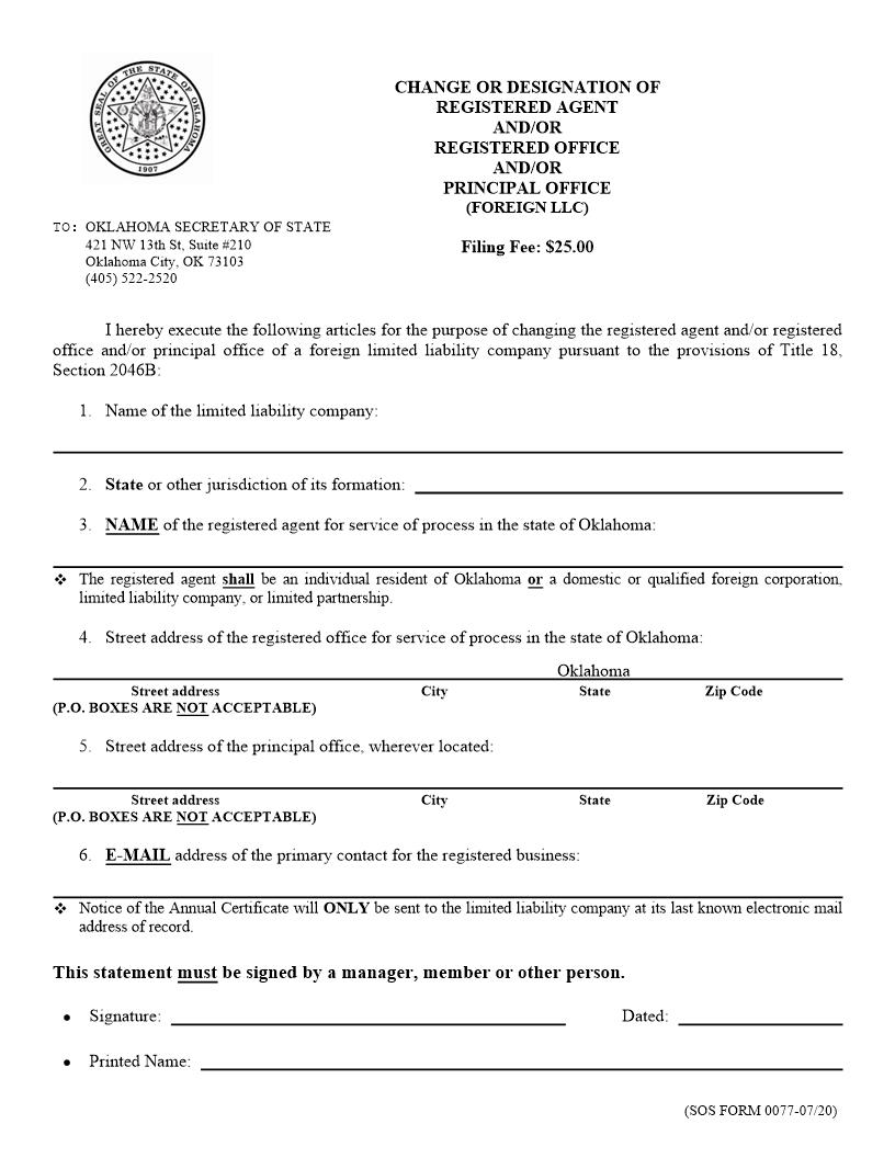 Change Or Designation Of Resident Agent And Or Registered And Or Principal Office {0077} | Pdf Fpdf Doc Docx | Oklahoma
