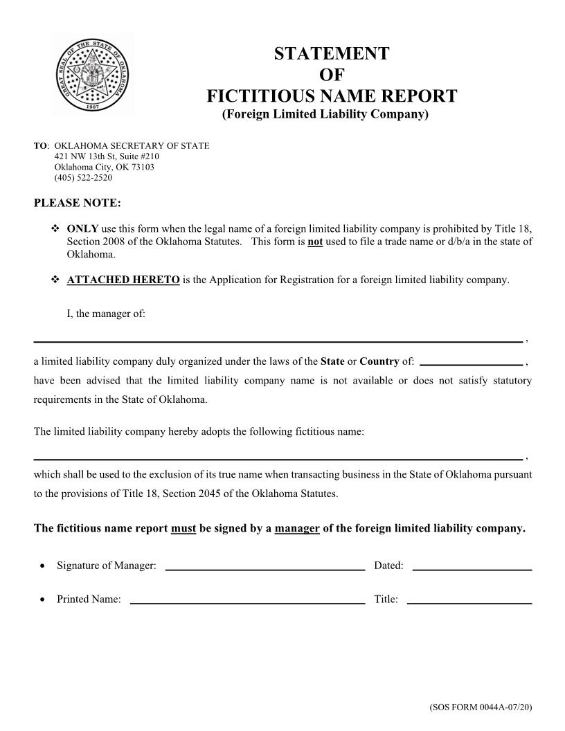 Statement Of Fictitious Name Report {0044} | Pdf Fpdf Doc Docx | Oklahoma
