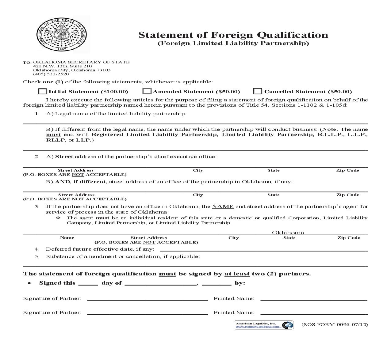Statement Of Foreign Qualification (Foreign LLP) {0096} | Pdf Fpdf Doc Docx | Oklahoma