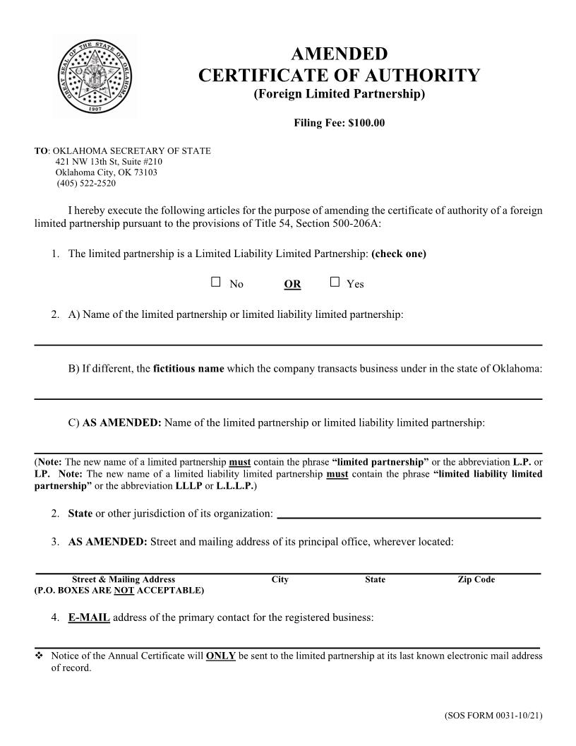Amended Certificate Of Authority {31} | Pdf Fpdf Doc Docx | Oklahoma