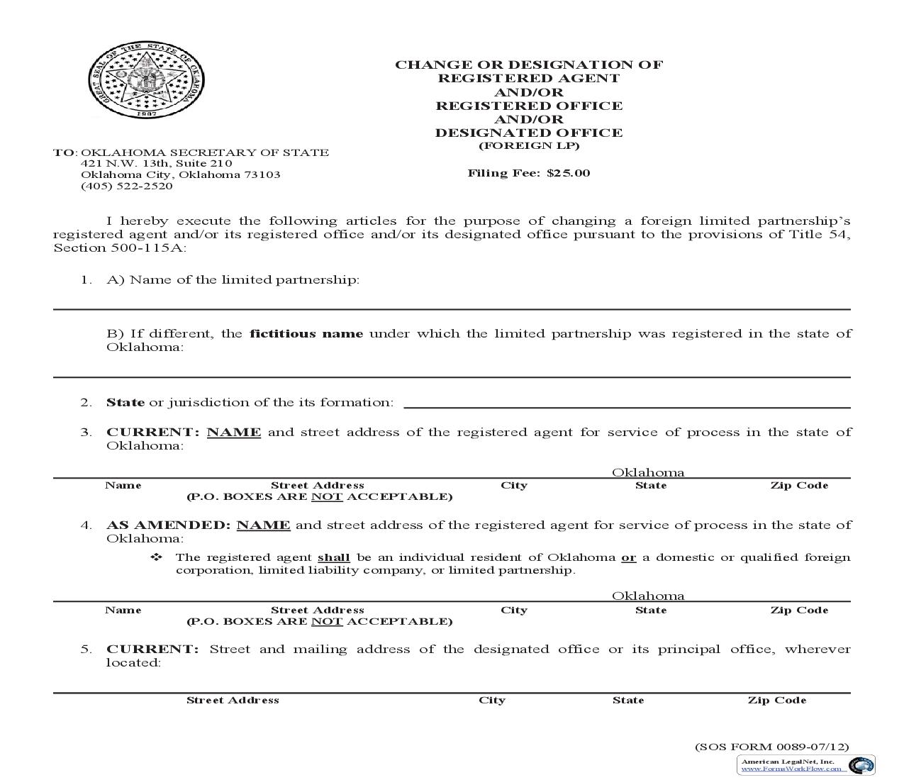 Appointment Or Change Of Registered Agent And Or Registered Office {0089} | Pdf Fpdf Doc Docx | Oklahoma