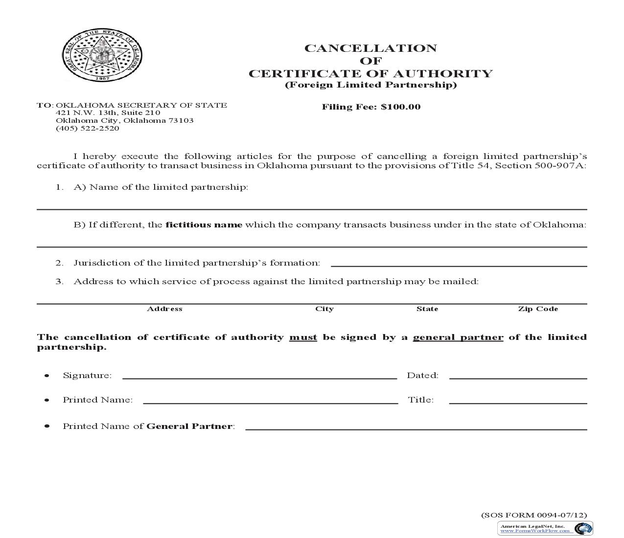 Cancellation Of Foreign Limited Partnership {0094} | Pdf Fpdf Doc Docx | Oklahoma