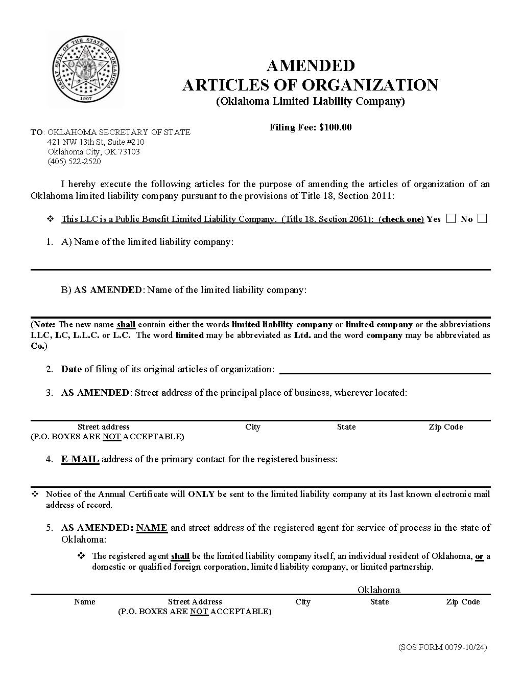 Amended Articles Of Organization {0079} | Pdf Fpdf Doc Docx | Oklahoma