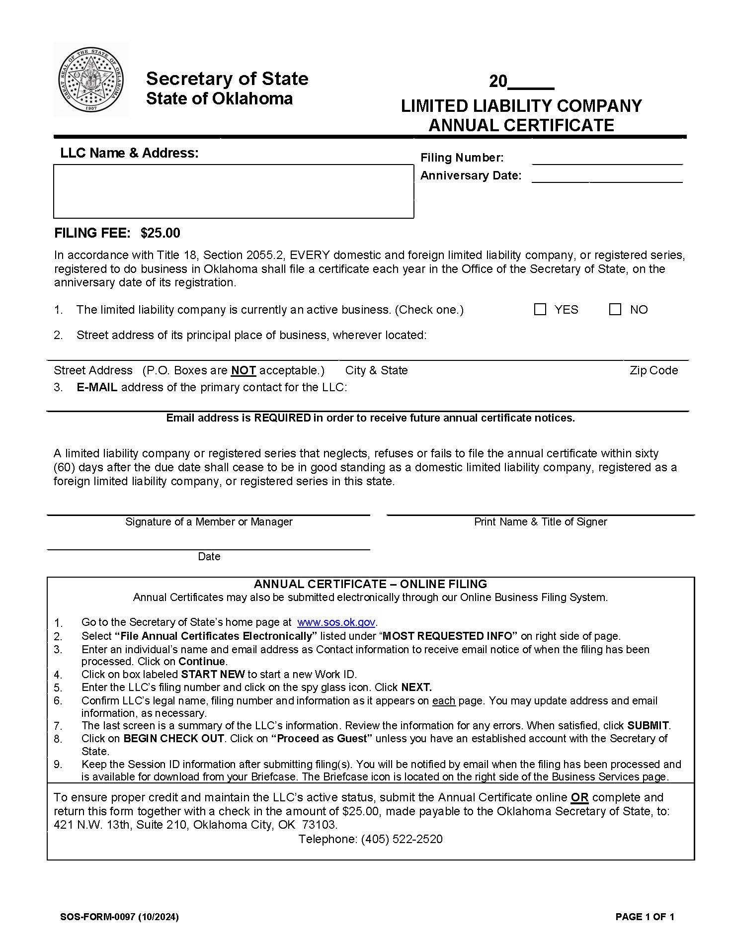 Annual Certificate Limited Liability Company {0097} | Pdf Fpdf Doc Docx | Oklahoma
