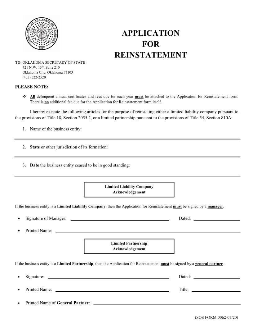 Application For Reinstatement {0062} | Pdf Fpdf Doc Docx | Oklahoma