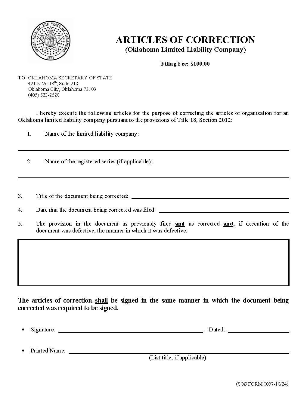 Articles Of Correction {0087} | Pdf Fpdf Doc Docx | Oklahoma