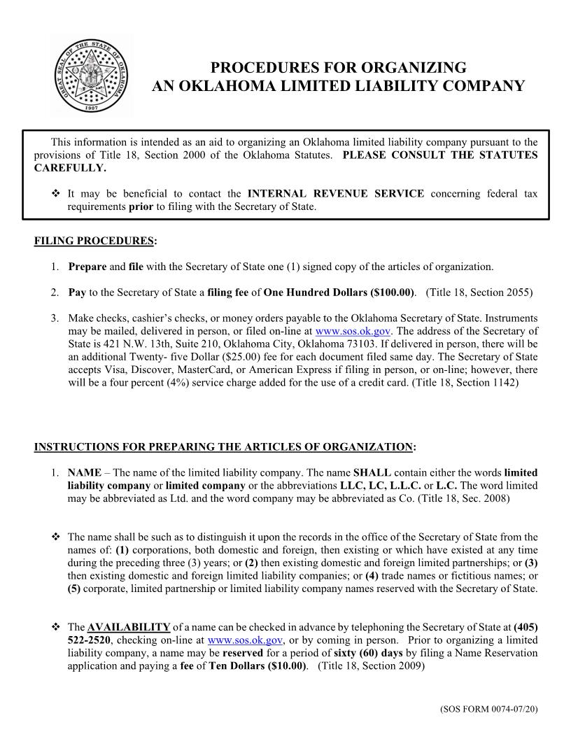 Articles Of Organization {0073} | Pdf Fpdf Doc Docx | Oklahoma