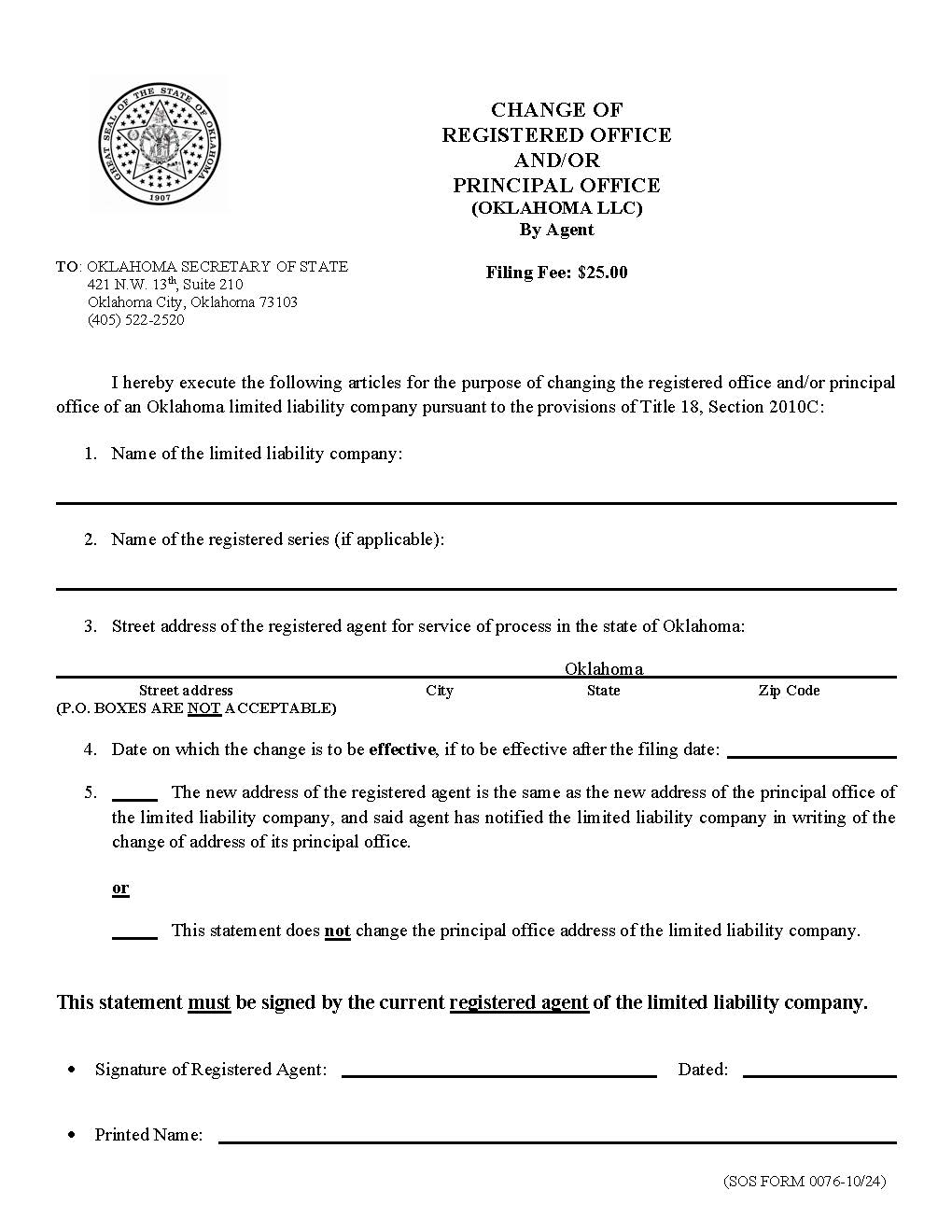 Change Of Registered Office Or Change Of Registered Office And Principal Office {0076} | Pdf Fpdf Doc Docx | Oklahoma