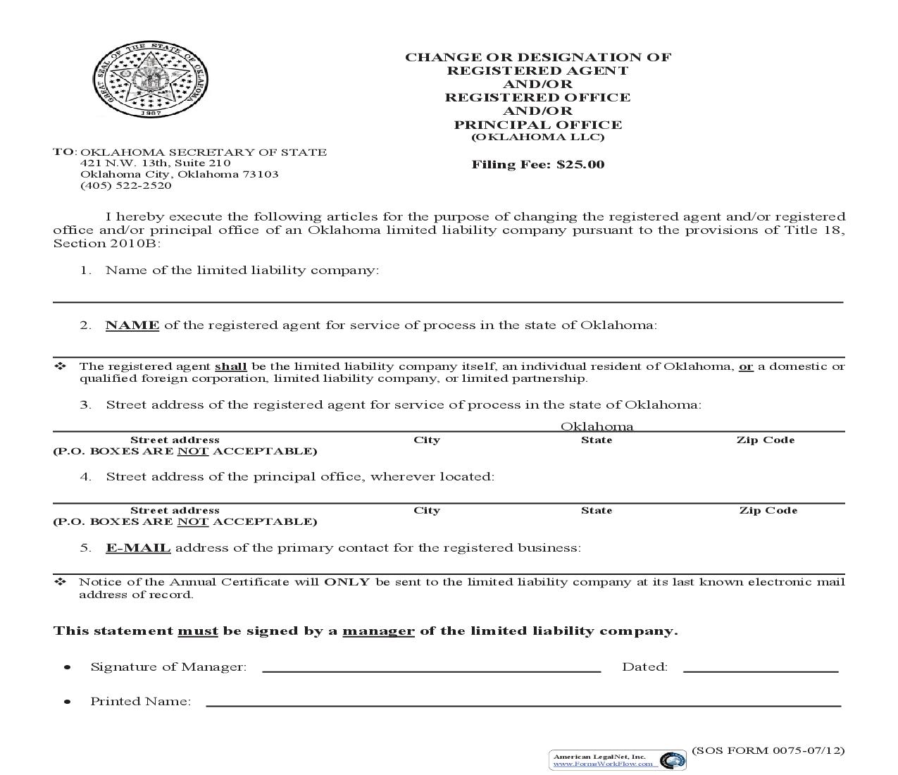 Change Or Designation Of Resident Agent and or Registered Office And Or Principal Office {0075} | Pdf Fpdf Doc Docx | Oklahoma