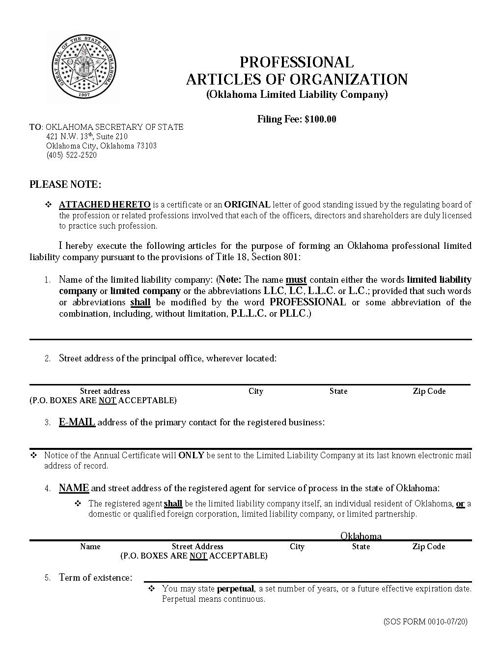 Professional Articles Of Organization {0010} | Pdf Fpdf Doc Docx | Oklahoma