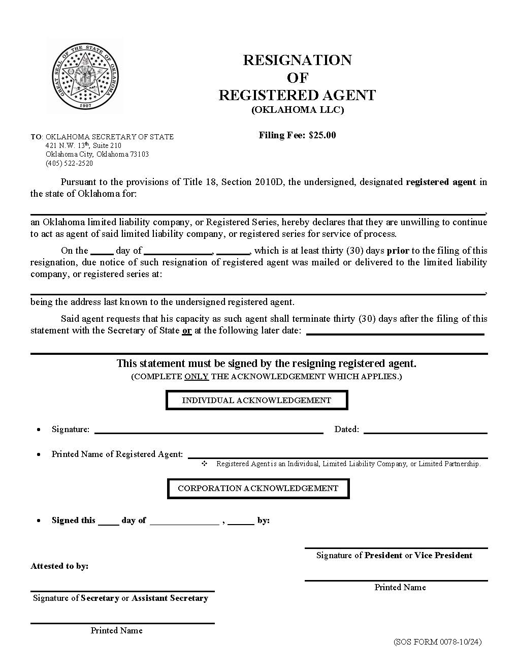 Resignation Of Resident Agent {0078} | Pdf Fpdf Doc Docx | Oklahoma