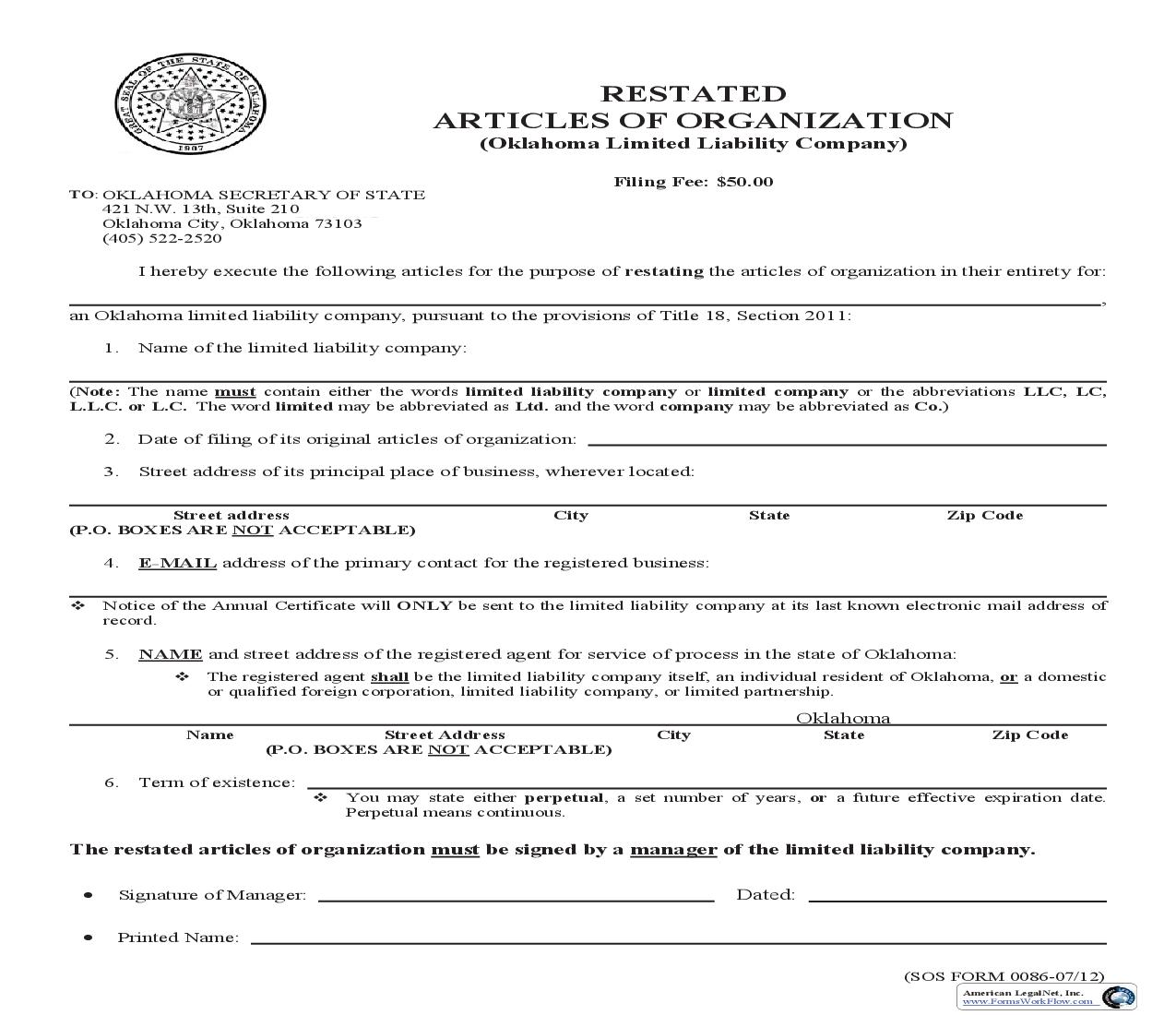 Restated Articles Of Organization {0086} | Pdf Fpdf Doc Docx | Oklahoma