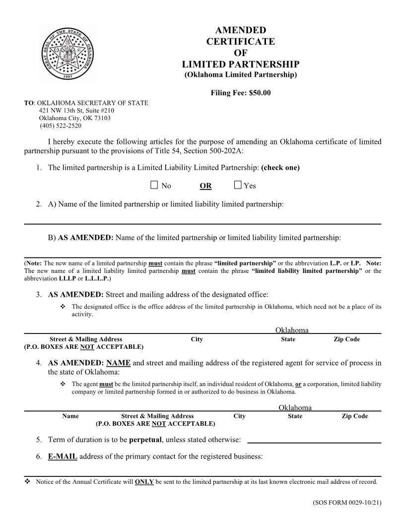 Amended Certificate Of Limited Partnership {0029} | Pdf Fpdf Doc Docx | Oklahoma