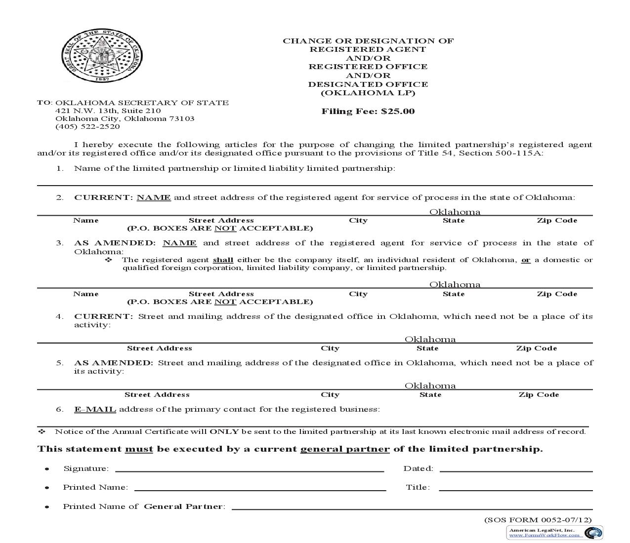 Appointment Or Change Of Registered Agent And Or Office {0052} | Pdf Fpdf Doc Docx | Oklahoma