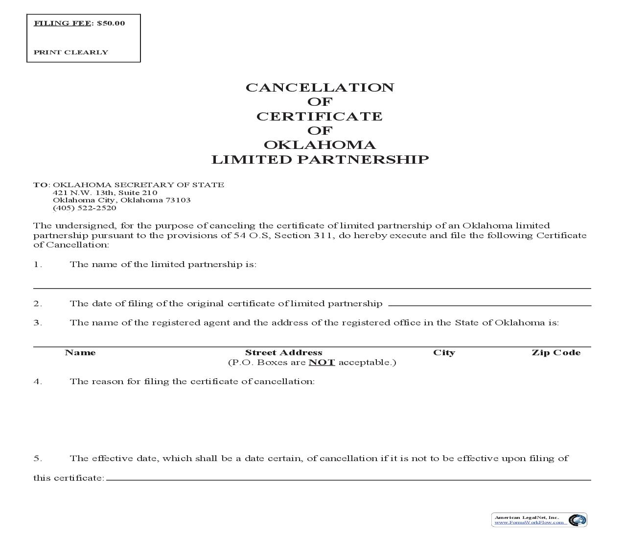 Cancellation Of Certificate {0049} | Pdf Fpdf Doc Docx | Oklahoma