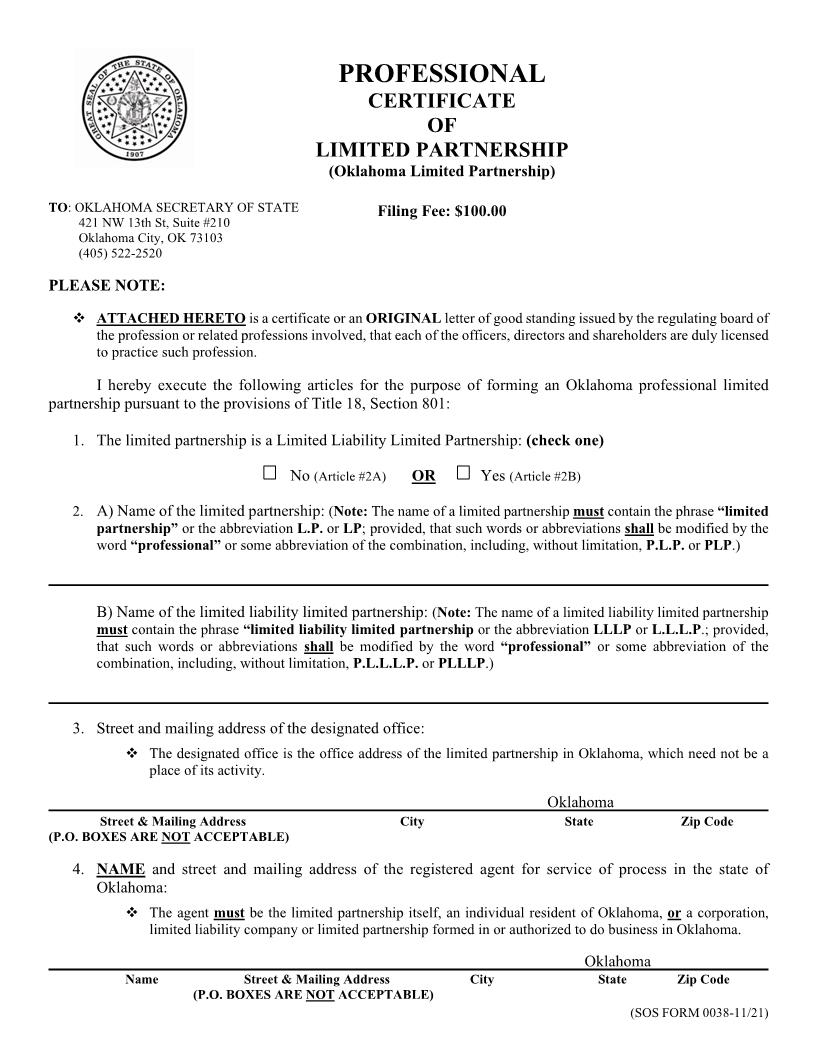 Professional Certificate of Limited Partnership {0038} | Pdf Fpdf Doc Docx | Oklahoma