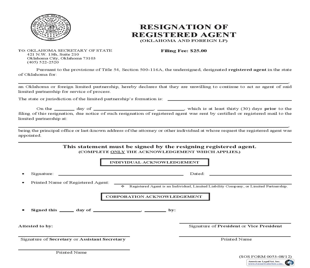 Resignation Of Registered Agent {0053} | Pdf Fpdf Doc Docx | Oklahoma