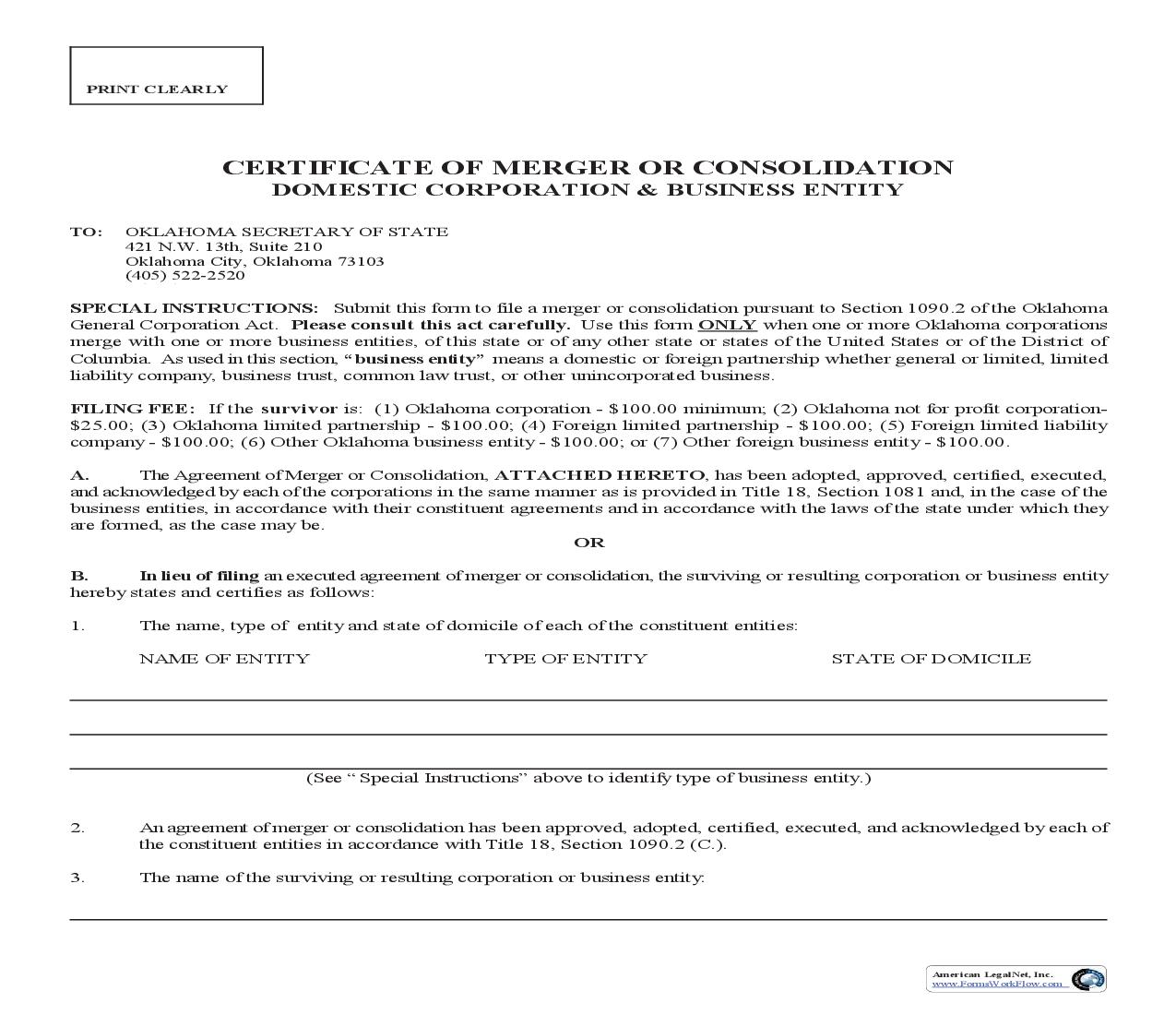 Certificate Of Merger Or Consolidation Domestic Corp And Business Entity {0072} | Pdf Fpdf Doc Docx | Oklahoma