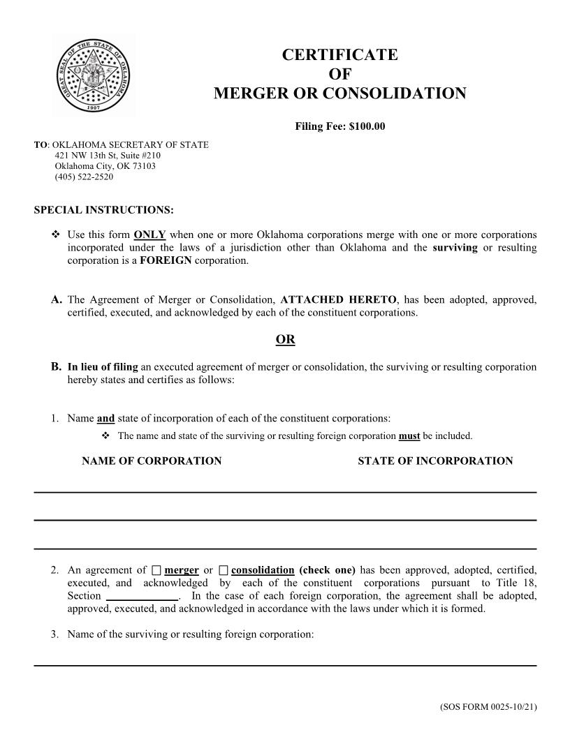 Certificate Of Merger Or Consolidation Foreign Corporation {0025} | Pdf Fpdf Doc Docx | Oklahoma