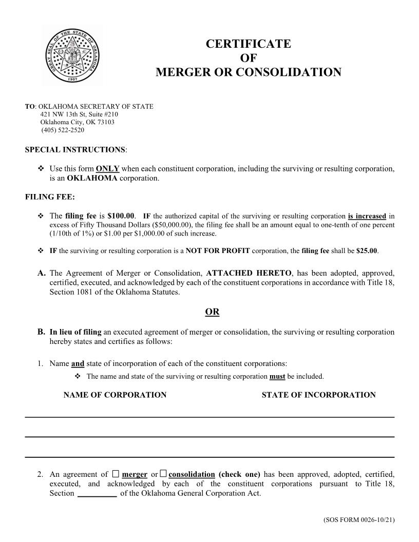 Certificate Of Merger Or Consolidation Oklahoma Corporation {0026} | Pdf Fpdf Doc Docx | Oklahoma