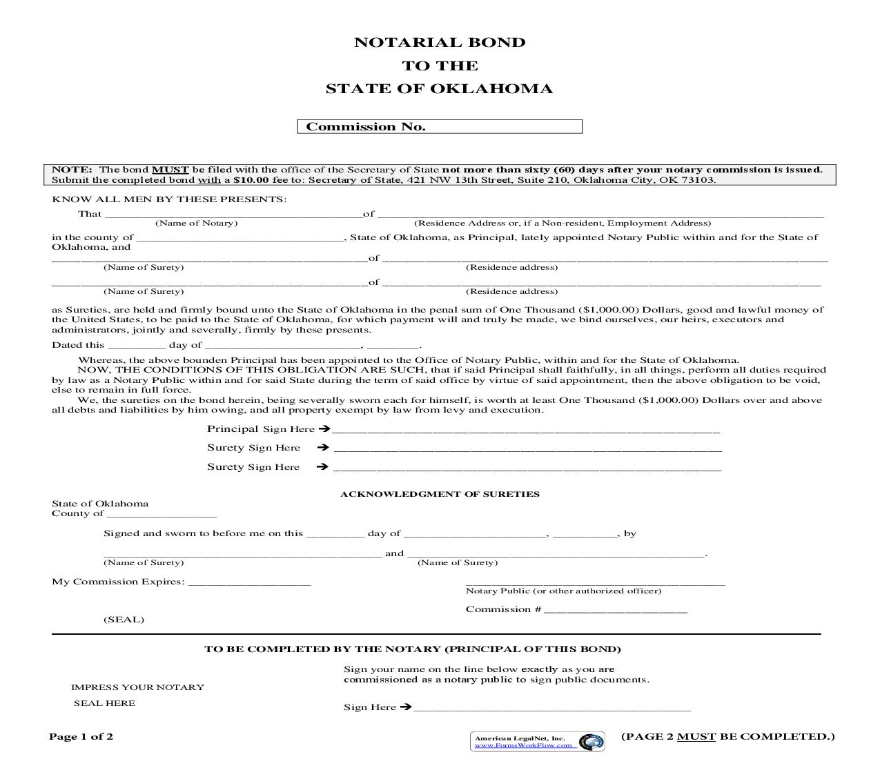 Notarial Bond To The State Of Oklahoma | Pdf Fpdf Doc Docx | Oklahoma
