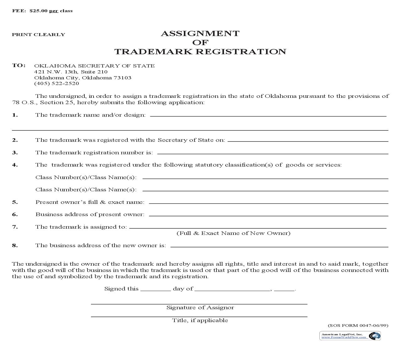 Assignment Of Trademark Registration {0047} | Pdf Fpdf Doc Docx | Oklahoma