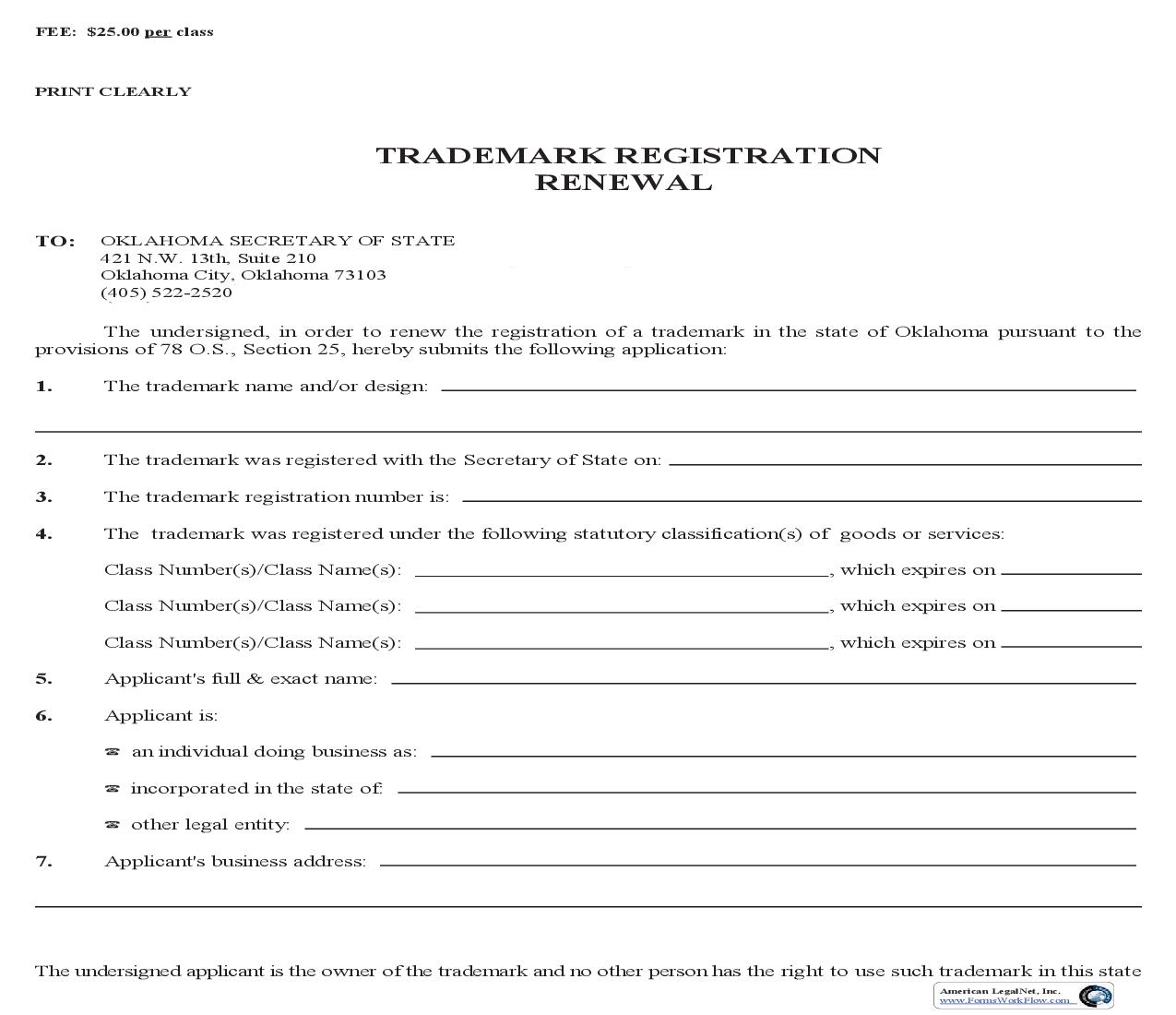 Trademark Registration Renewal {0046} | Pdf Fpdf Doc Docx | Oklahoma