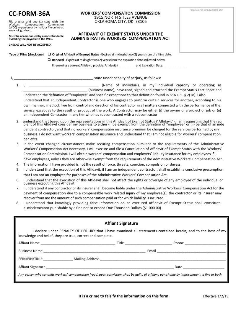 Affidavit Of Exempt Status {CC-Form-36A} | Pdf Fpdf Docx | Oklahoma