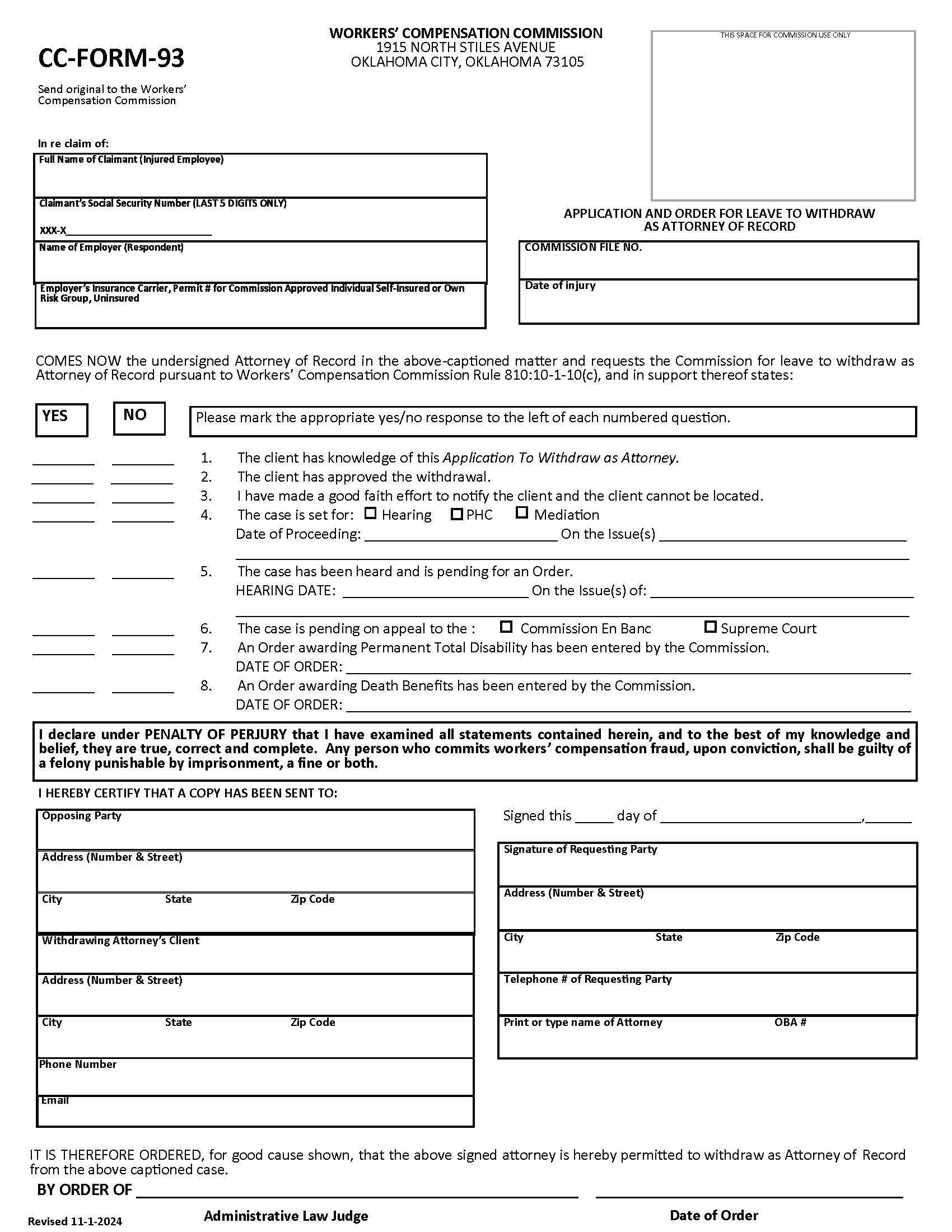 Application And Order For Leave To Withdraw As Attorney Of Record {CC-Form-93} | Pdf Fpdf Docx | Oklahoma