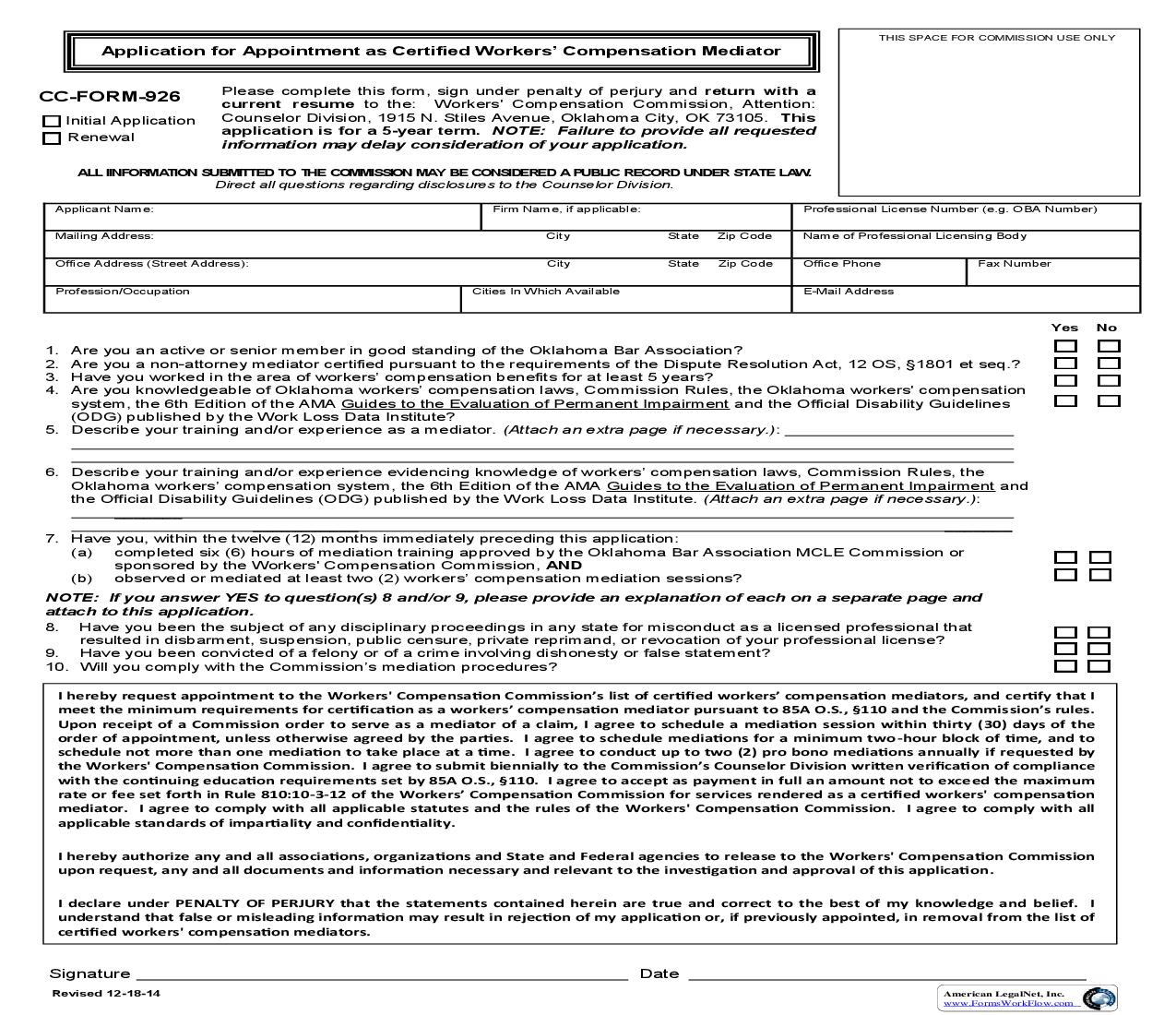 Application For Appointment As Certified Workers Compensation Mediator {CC-Form-926} | Pdf Fpdf Doc Docx | Oklahoma