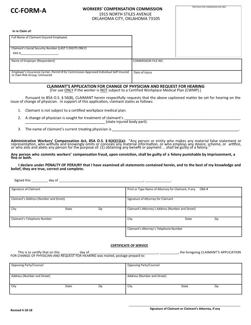 Application For Change Of Physician And Request For Hearing {CC-Form-A} | Pdf Fpdf Docx | Oklahoma