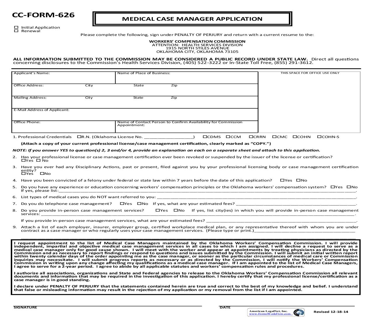 Application For Medical Case Manager {CC-Form-626} | Pdf Fpdf Doc Docx | Oklahoma