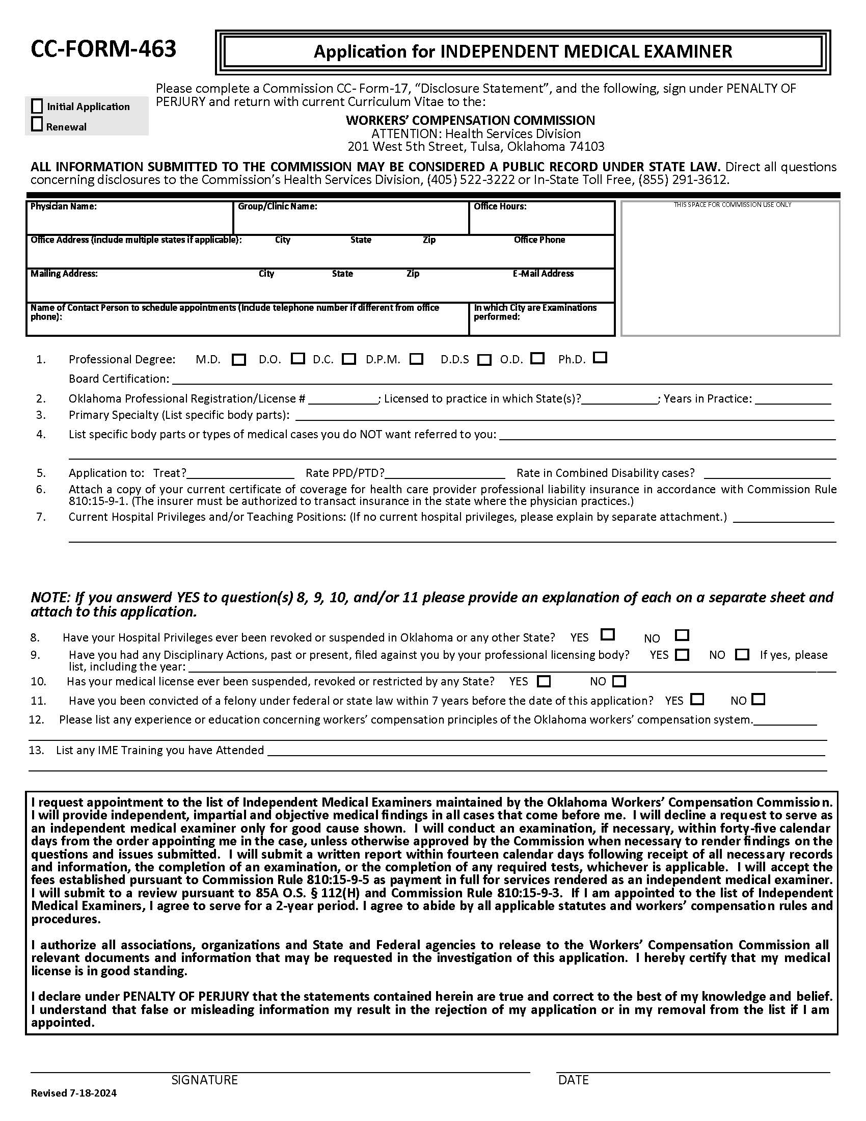 Application For Physicians Seeking Appointment As An Independent Medical Examiner {CC-Form-463} | Pdf Fpdf Doc Docx | Oklahoma